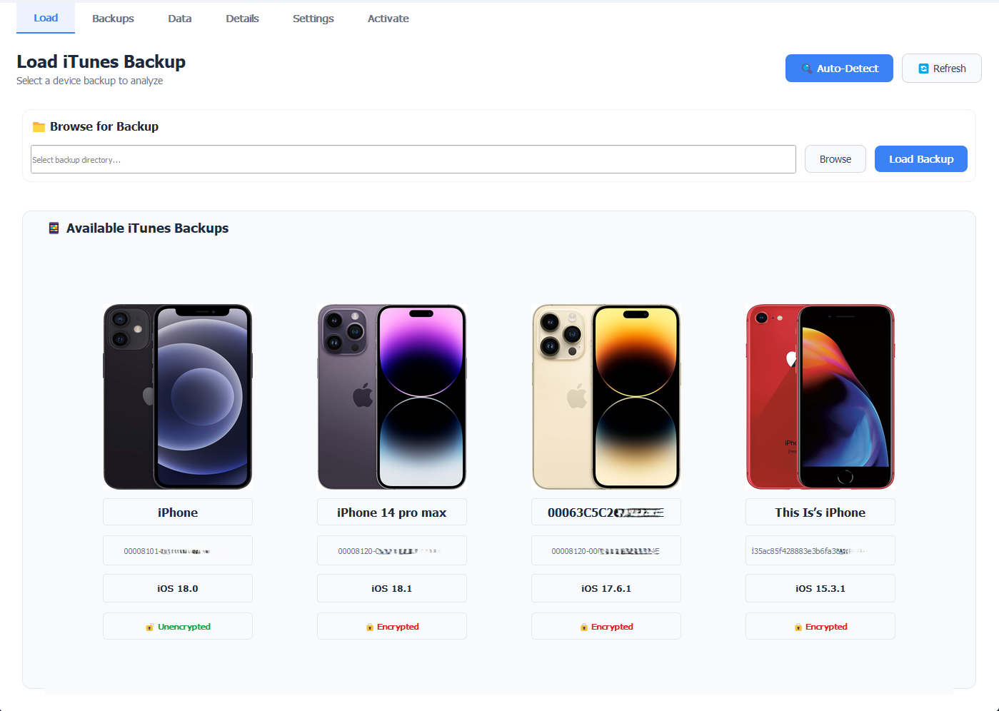 iData Backup Viewer Dashboard showing device storage, battery status, and backup snapshots