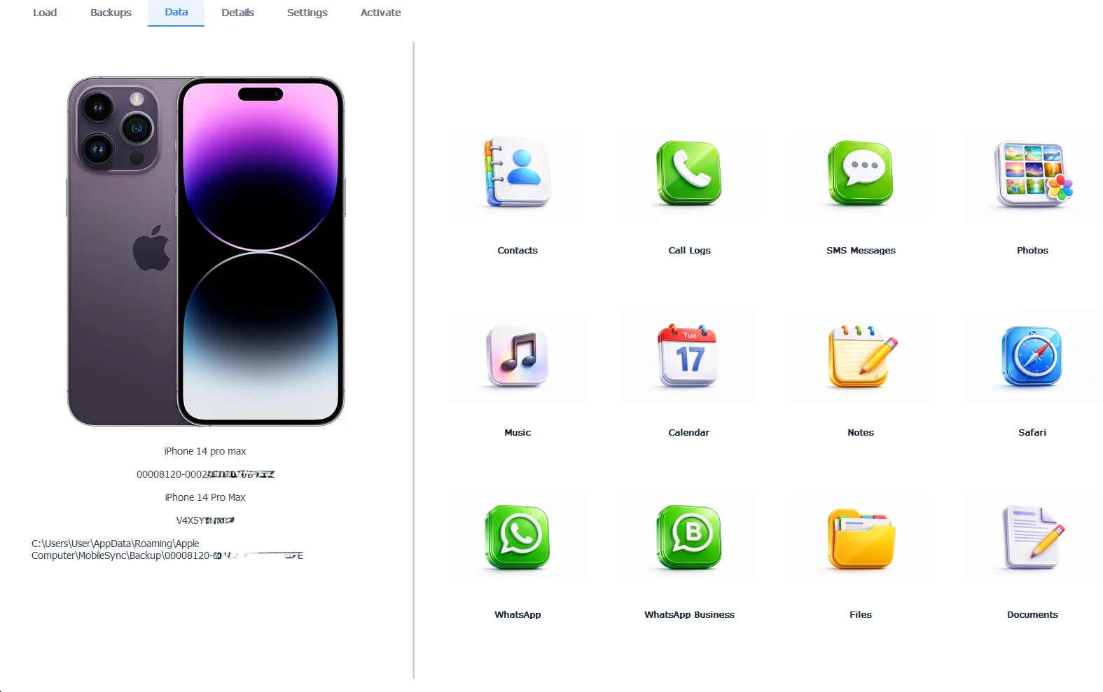 iData Backup Viewer Interface showing WhatsApp chat extraction and photo gallery